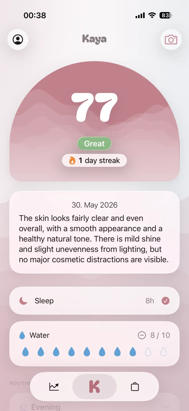 Kaya Home — overall skin score and check-in streak