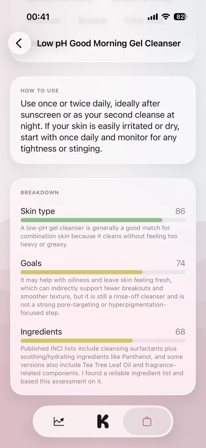 Kaya Product Detail — fit score breakdown by skin type, goals, and ingredients